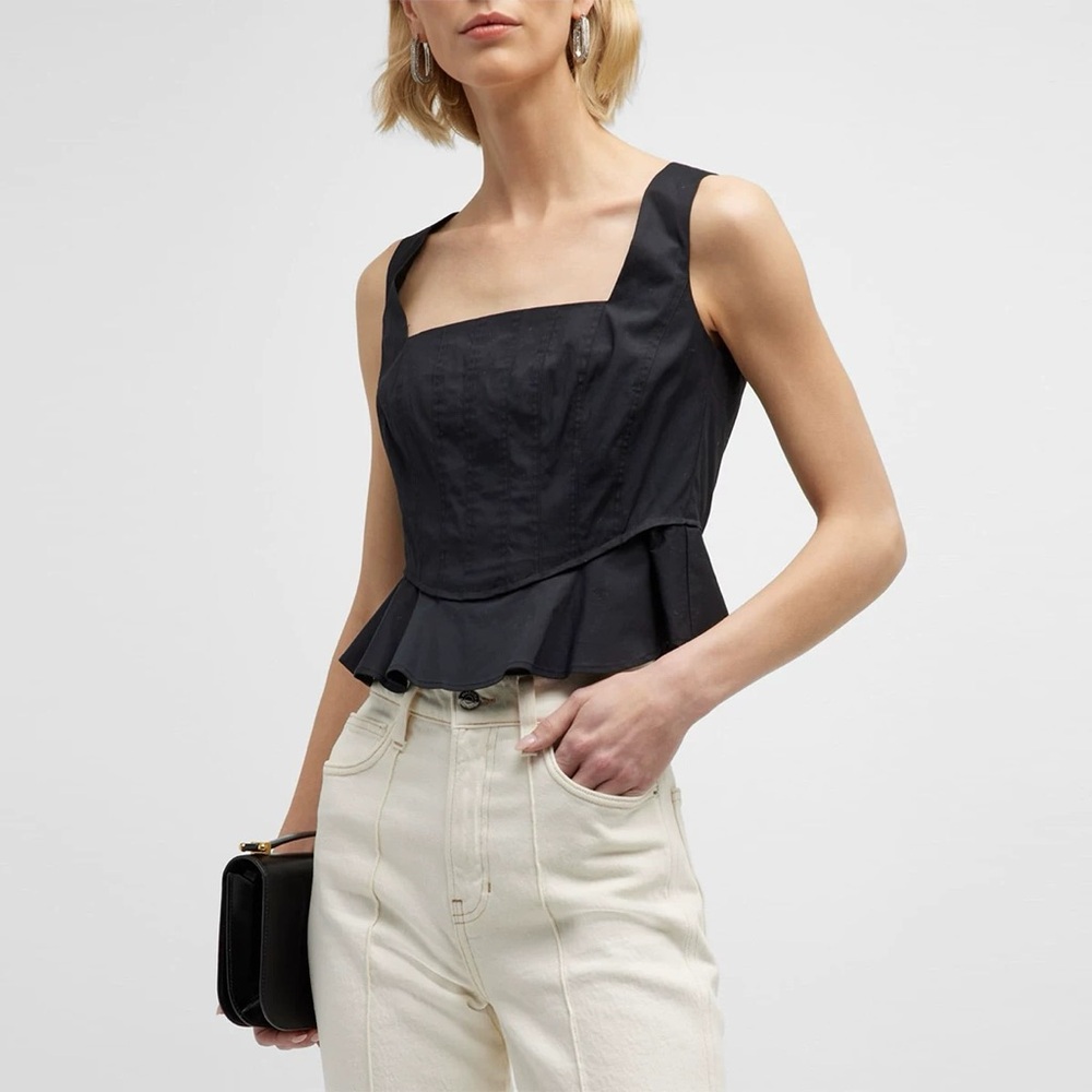 Veronica Beard Nikolette Square Neck Peplum Sleeveless Tank Top in Black